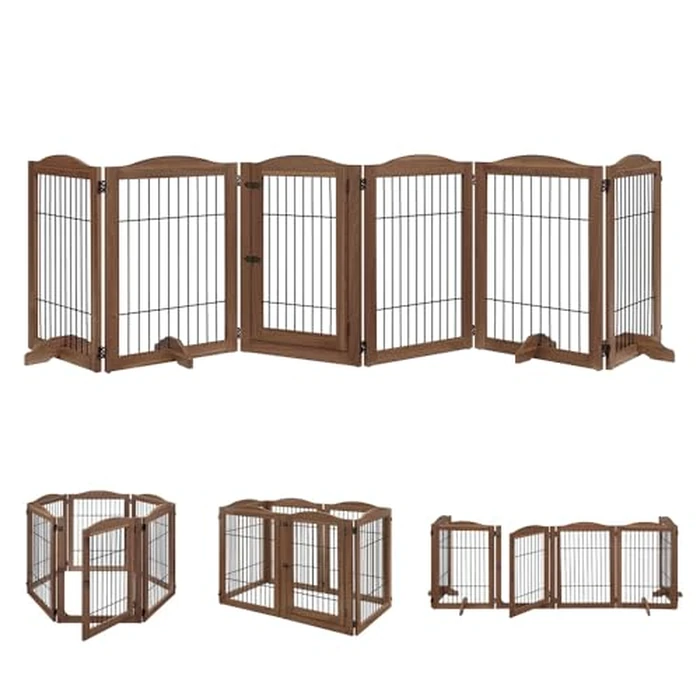 unipaws Freestanding Pet Gate, 132" Extra Wide Dog Gate with Door and Support Feet, Tall Wooden Dog Fence Barrier, Foldable Indoor Dogs Cats Playpen for House Indoor, Walnut by unipaws - Used - Like New condition - CA$225.46