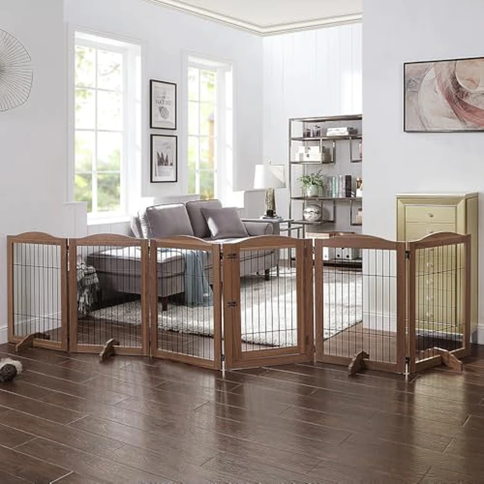 unipaws Freestanding Pet Gate, 132" Extra Wide Dog Gate with Door and Support Feet, Tall Wooden Dog Fence Barrier, Foldable Indoor Dogs Cats Playpen for House Indoor, Walnut by unipaws - Image 2