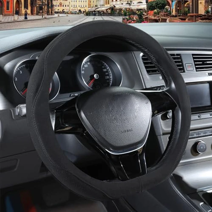 Binsheo Black Suede D Shaped Steering Wheel Cover, Breathable Non-Slip Sweat-Proof Wear-Resistant No Pilling, Warm in Winter and Cool in Summer, Universal 15 inch by Binsheo - Image 1
