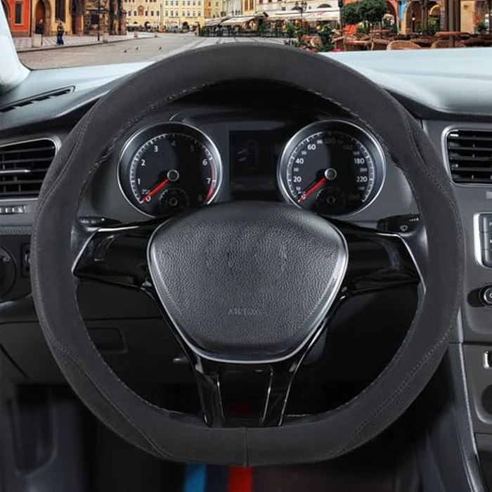 Binsheo Black Suede D Shaped Steering Wheel Cover, Breathable Non-Slip Sweat-Proof Wear-Resistant No Pilling, Warm in Winter and Cool in Summer, Universal 15 inch by Binsheo - Image 2