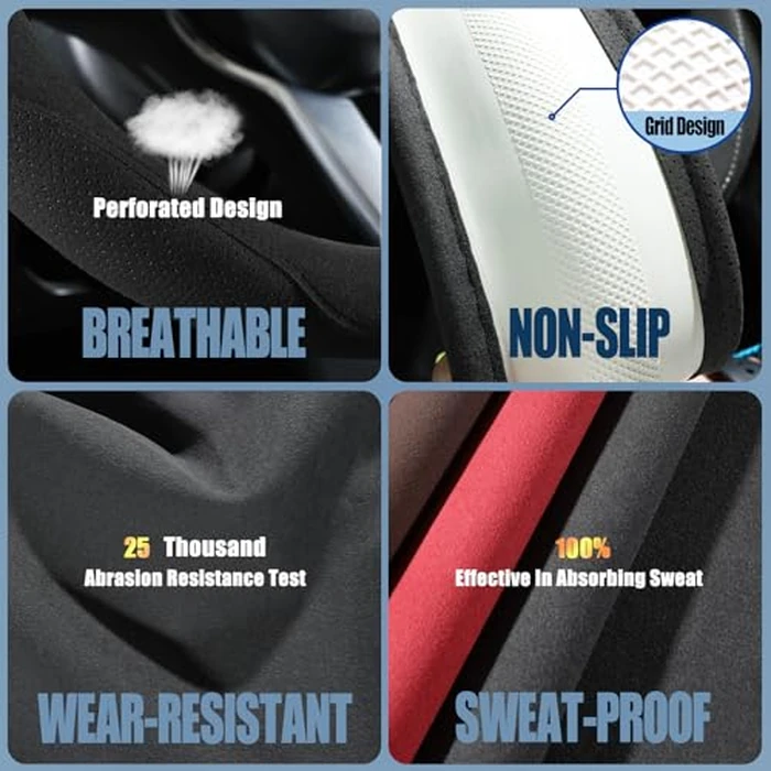 Binsheo Black Suede D Shaped Steering Wheel Cover, Breathable Non-Slip Sweat-Proof Wear-Resistant No Pilling, Warm in Winter and Cool in Summer, Universal 15 inch by Binsheo - Image 3