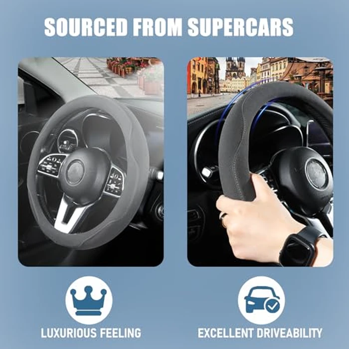 Binsheo Black Suede D Shaped Steering Wheel Cover, Breathable Non-Slip Sweat-Proof Wear-Resistant No Pilling, Warm in Winter and Cool in Summer, Universal 15 inch by Binsheo - Image 4