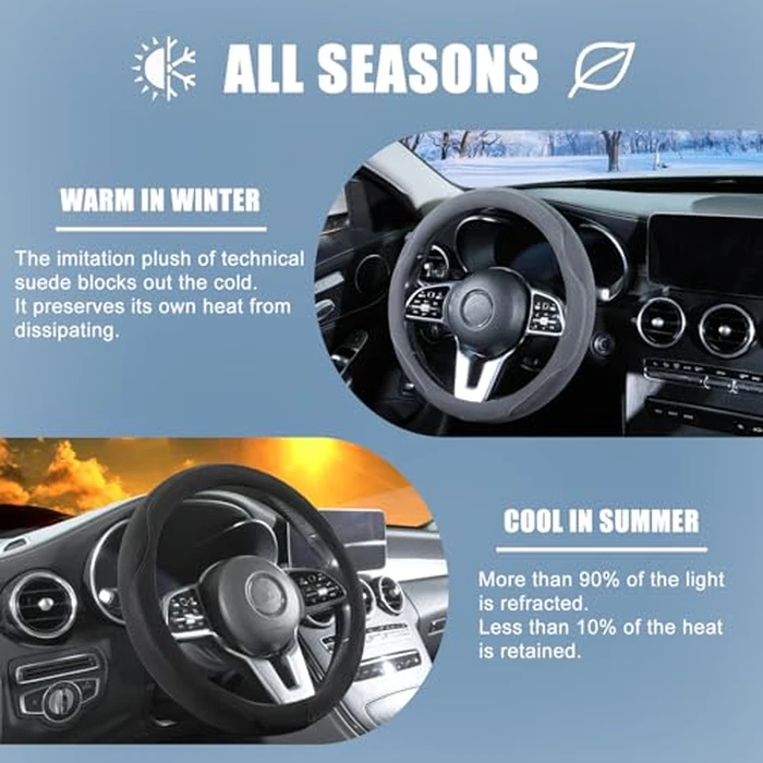 Binsheo Black Suede D Shaped Steering Wheel Cover, Breathable Non-Slip Sweat-Proof Wear-Resistant No Pilling, Warm in Winter and Cool in Summer, Universal 15 inch by Binsheo - Image 5