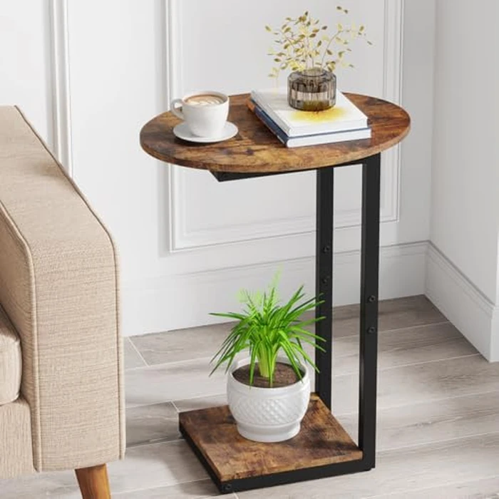 Hosfais Side Table Small End Table, C-Shaped Wood Sofa Table with Metal Frame for Living Room, Bedroom, Small Spaces (Rustic Brown) by Hosfais - Used - Like New condition - US$28.49