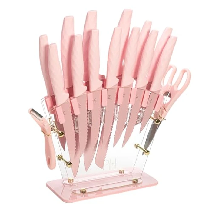 Paris Hilton Knife Block Set with Fan Style Clear Acrylic Knife Block, Premium Stainless Steel Blades with Nonstick Coating, Comfort Grip Handles, 16-Piece Set, Pink and Gold by Paris Hilton - Used - Like New condition