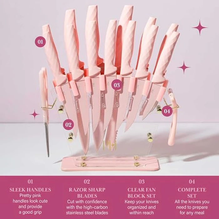 Paris Hilton Knife Block Set with Fan Style Clear Acrylic Knife Block, Premium Stainless Steel Blades with Nonstick Coating, Comfort Grip Handles, 16-Piece Set, Pink and Gold by Paris Hilton - Image 3