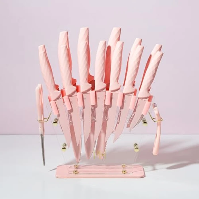 Paris Hilton Knife Block Set with Fan Style Clear Acrylic Knife Block, Premium Stainless Steel Blades with Nonstick Coating, Comfort Grip Handles, 16-Piece Set, Pink and Gold by Paris Hilton - Image 7