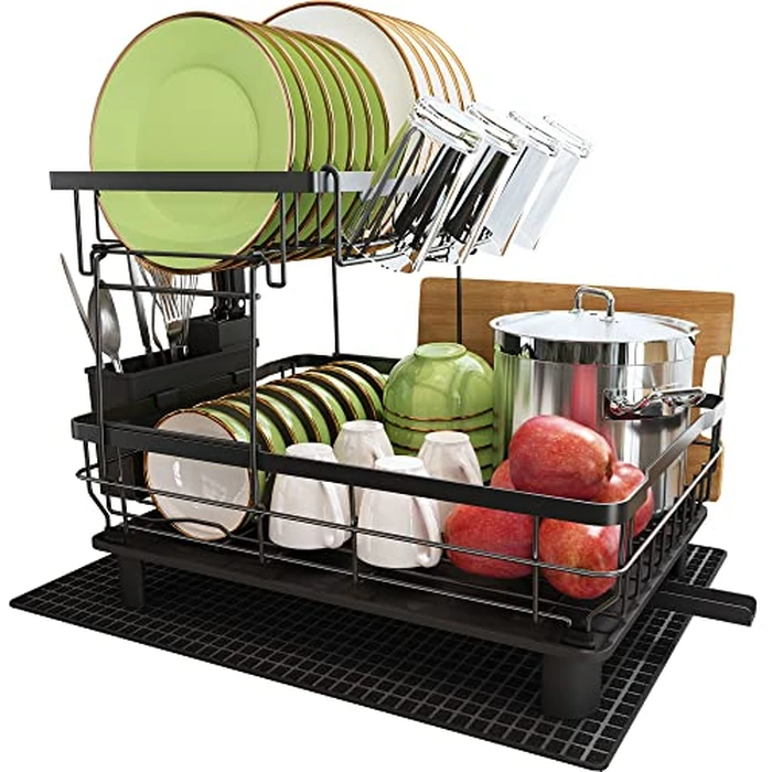 Boosiny Dish Drying Rack, 2 Tier Dish Rack with Drainboard, Rustproof Dish Drainer with Cup Holder, Utensil Holder, Cutting-Board Holder and Drying Mat by Boosiny - Image 1
