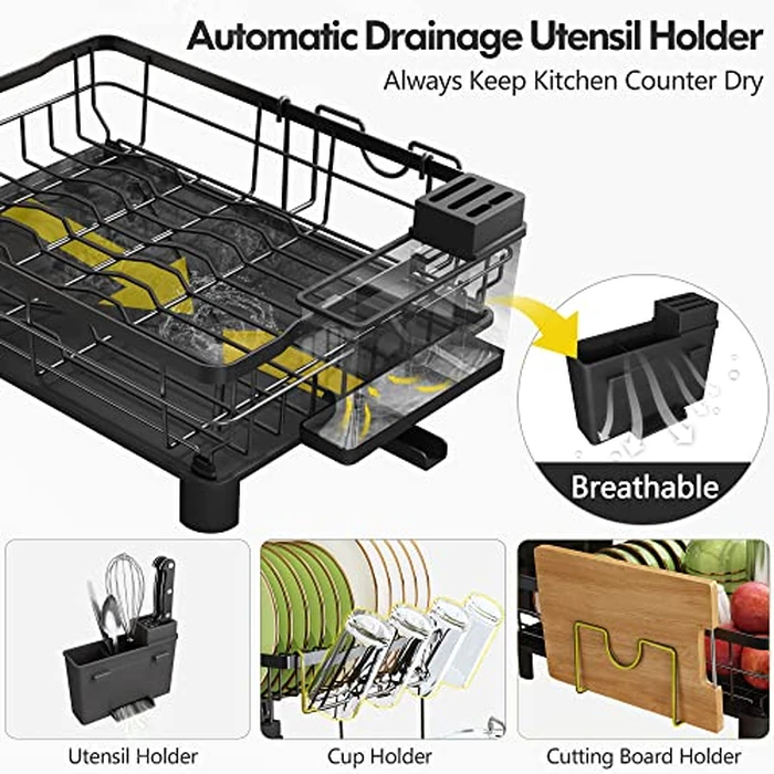 Boosiny Dish Drying Rack, 2 Tier Dish Rack with Drainboard, Rustproof Dish Drainer with Cup Holder, Utensil Holder, Cutting-Board Holder and Drying Mat by Boosiny - Image 4