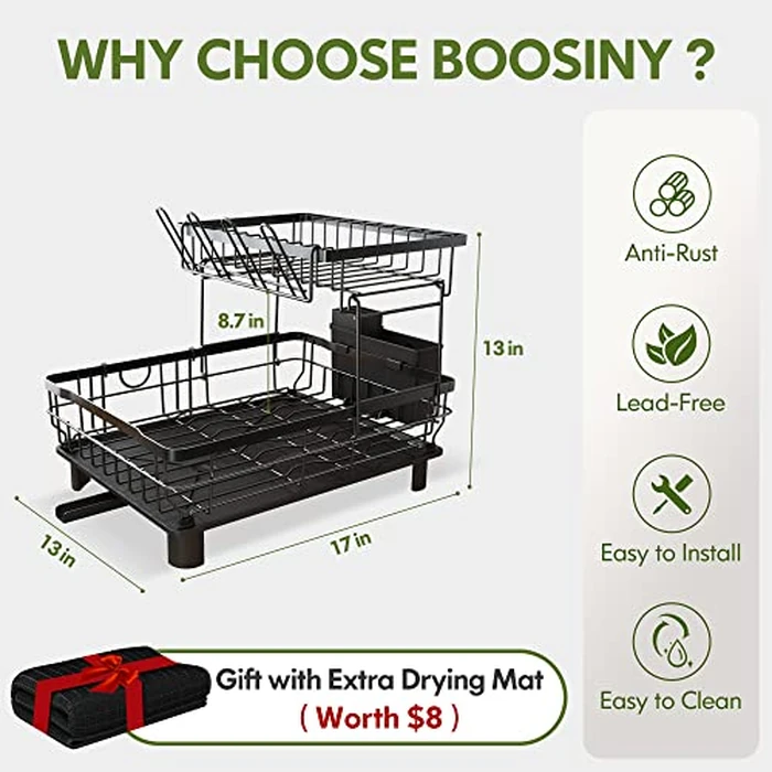 Boosiny Dish Drying Rack, 2 Tier Dish Rack with Drainboard, Rustproof Dish Drainer with Cup Holder, Utensil Holder, Cutting-Board Holder and Drying Mat by Boosiny - Image 5