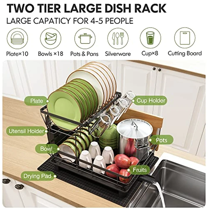 Boosiny Dish Drying Rack, 2 Tier Dish Rack with Drainboard, Rustproof Dish Drainer with Cup Holder, Utensil Holder, Cutting-Board Holder and Drying Mat by Boosiny - Image 6
