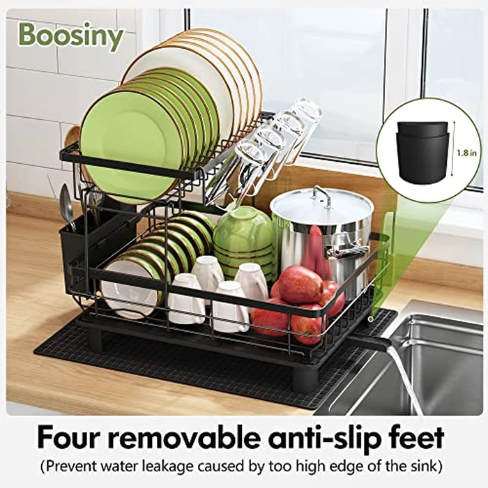 Boosiny Dish Drying Rack, 2 Tier Dish Rack with Drainboard, Rustproof Dish Drainer with Cup Holder, Utensil Holder, Cutting-Board Holder and Drying Mat by Boosiny - Image 7