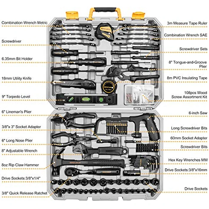 DEKOPRO 218-Piece General Household Hand Tool kit, Professional Auto Repair Tool Set for Homeowner, General Household Hand Tool Set with Plier, Screwdriver Set, Socket Set, with Portable Storage Case by DEKOPRO - Image 2