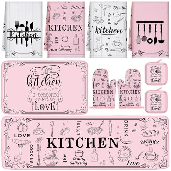 Fourluoo 10 Pcs Funny Pink Kitchen Decor Set 4 This Kitchen is Seasoned with Love Dish Towel 2 Pot Holders with Sayings 2 Oven Mitts Glove Rustic Non Slip Rug and Mat for Home Decoration Mom Gift by Fourluoo - Image 1