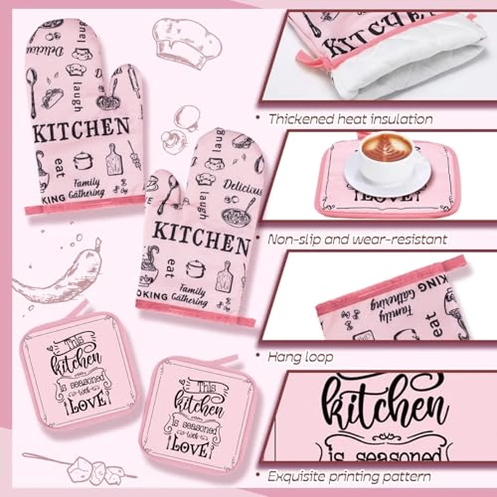 Fourluoo 10 Pcs Funny Pink Kitchen Decor Set 4 This Kitchen is Seasoned with Love Dish Towel 2 Pot Holders with Sayings 2 Oven Mitts Glove Rustic Non Slip Rug and Mat for Home Decoration Mom Gift by Fourluoo - Image 5