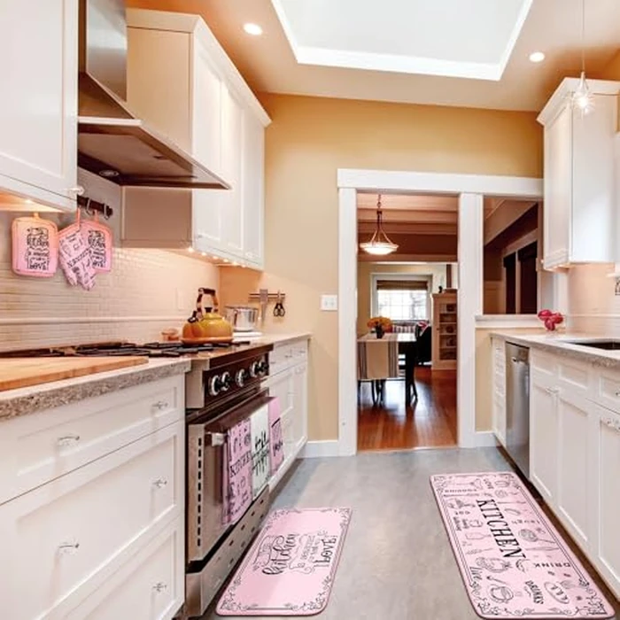 Fourluoo 10 Pcs Funny Pink Kitchen Decor Set 4 This Kitchen is Seasoned with Love Dish Towel 2 Pot Holders with Sayings 2 Oven Mitts Glove Rustic Non Slip Rug and Mat for Home Decoration Mom Gift by Fourluoo - Image 7