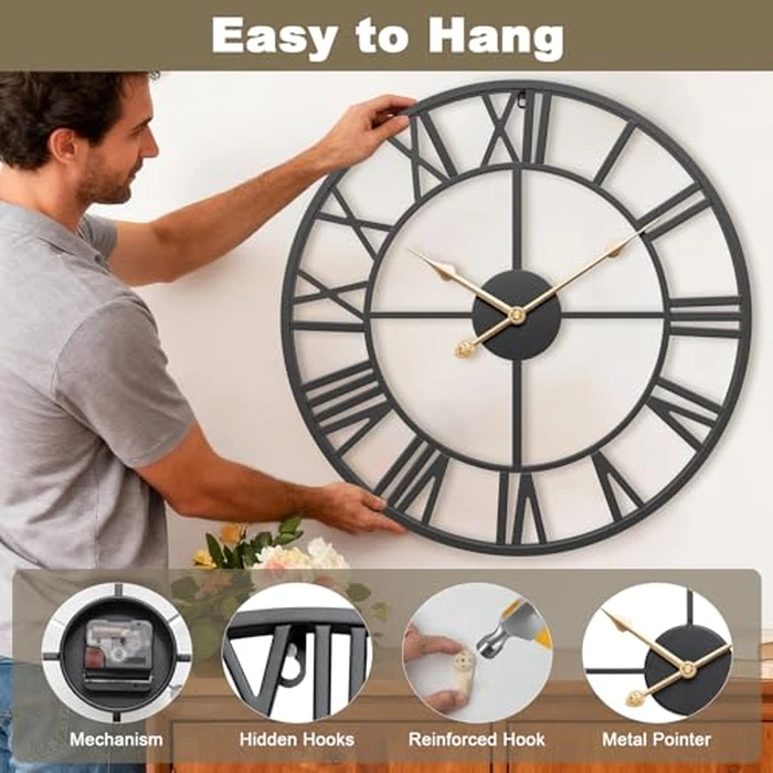 Wall Clocks for Home Decor, Large Wall Clock Oversized with Roman Numeral Style,European Industrial Vintage Rustic Metal Wall Clock for Home, Living Room, Kitchen,Office Decoration by MuZi famlily - Image 4