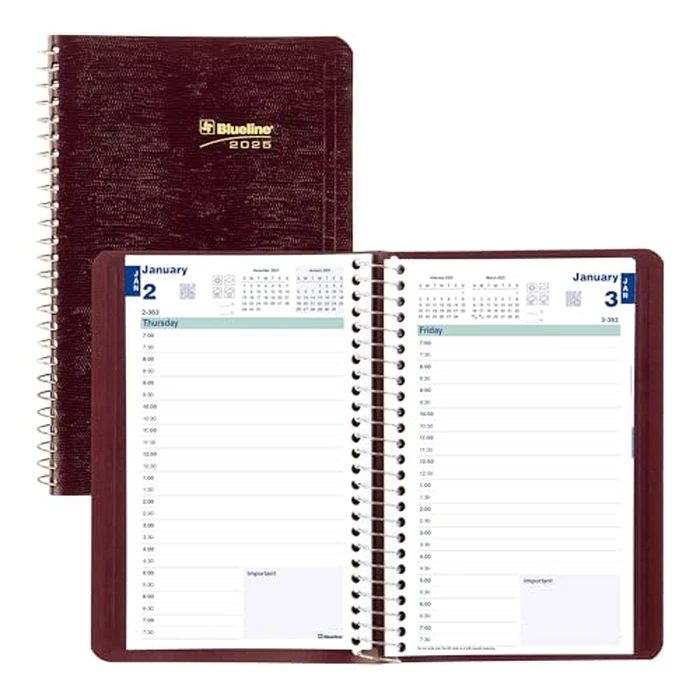Blueline(R) 2025 Essential Daily Planner, Appointment Book, 12 Months, January to December, Spiral Binding, 8" x 5", Burgundy (C1504.83T-25) by BLUELINE - Used - Acceptable condition - CA$4.37