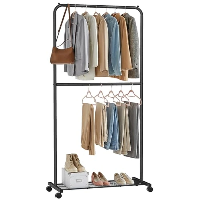 SONGMICS Clothes Rack with Wheels, 35.8 Inch Middle-Rod Garment Rack, Clothing Rack for Hanging Clothes, with Dense Mesh Storage Shelf, 44 lb Load Capacity, 2 Brakes, Steel Frame, Black UHSR027B01 by SONGMICS - Image 2