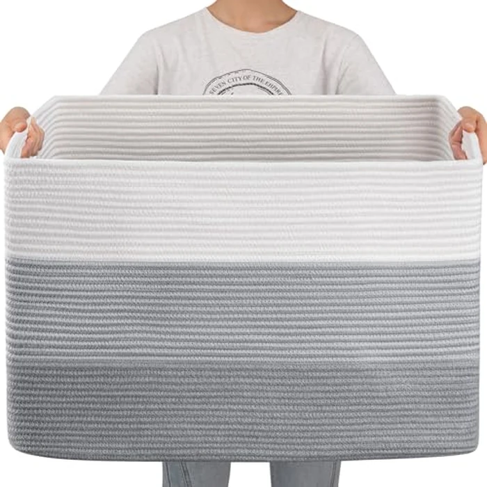 OIAHOMY 108L Super Large Blanket Basket, 25”x16”x16”(108L) Rectangle Woven Baskets for Storage, Cotton Rope Basket For Living Room, Toy Storage with Handle - Gradient Grey by OIAHOMY - Used - Very Good condition - US$28.01