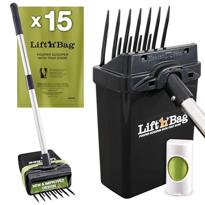 Neater Pet Brands Lift N’ Bag 2.0 Dog Pooper Scooper with Bag Attachment & 22" Pole for Small to Large Dogs, New & Improved Design, 15 Refill Bags, Heavy Duty Dog Poop Scooper for Yard, One-Hand Use by Neater Pet Brands - Used - Very Good condition - US$25.49