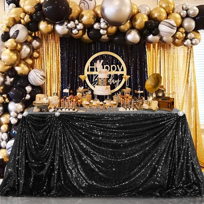 B-COOL Seamless Sequin Table Cloth Black Glitter Design Table Cloth Wedding Overlay Birthday Party Tables Decoration 90x132-inch (Black) by B-COOL - Image 2