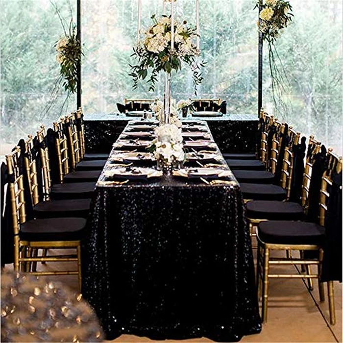 B-COOL Seamless Sequin Table Cloth Black Glitter Design Table Cloth Wedding Overlay Birthday Party Tables Decoration 90x132-inch (Black) by B-COOL - Image 3