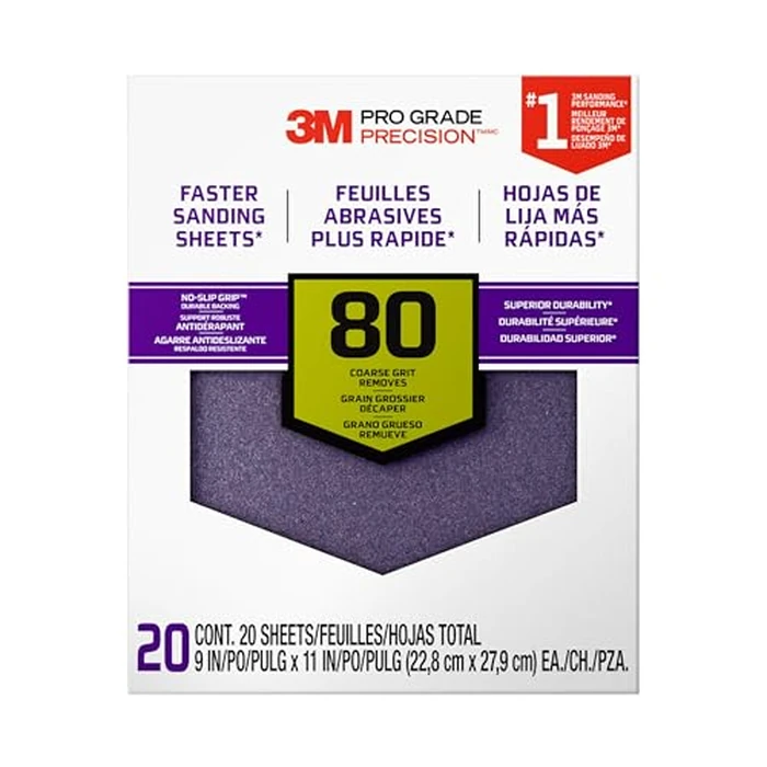 3M Advanced Sandpaper, 20 Sheets, 80 Grit, 3M Pro Grade Precision, Features No-Slip Grip Backing, 9-in x 11-in, For Sanding Wood, Drywall, or Metal, Can be Used on Wet or Dry Surfaces (26080CP-P-G) by 3M - Image 1