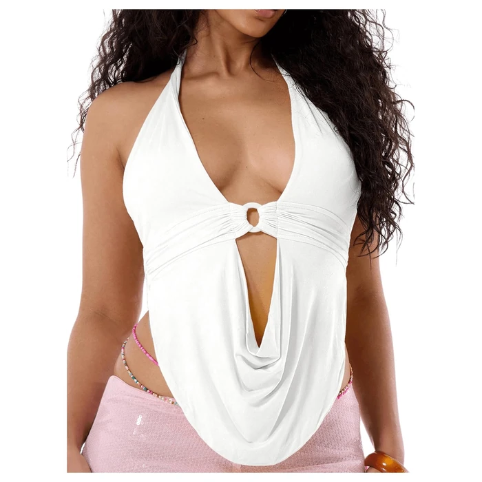 Floerns Women's Y2k Going Out Clubwear Halter Top Tie Backless Draped Cowl Deep V Neck Ring Top Cut Out Party Halter Tops White X-Small by Floerns - Image 3