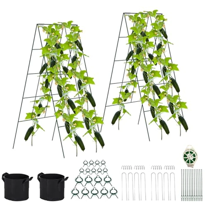 Toriexon Foldable Cucumber Trellis 2 Pack, 46" L X 18" W A-Frame Garden Trellis, Steel Climbing Plants Support Raised Bed Trellis with Twist Ties & Plant Bags for Climbing Plants Outdoor by Toriexon - Image 1