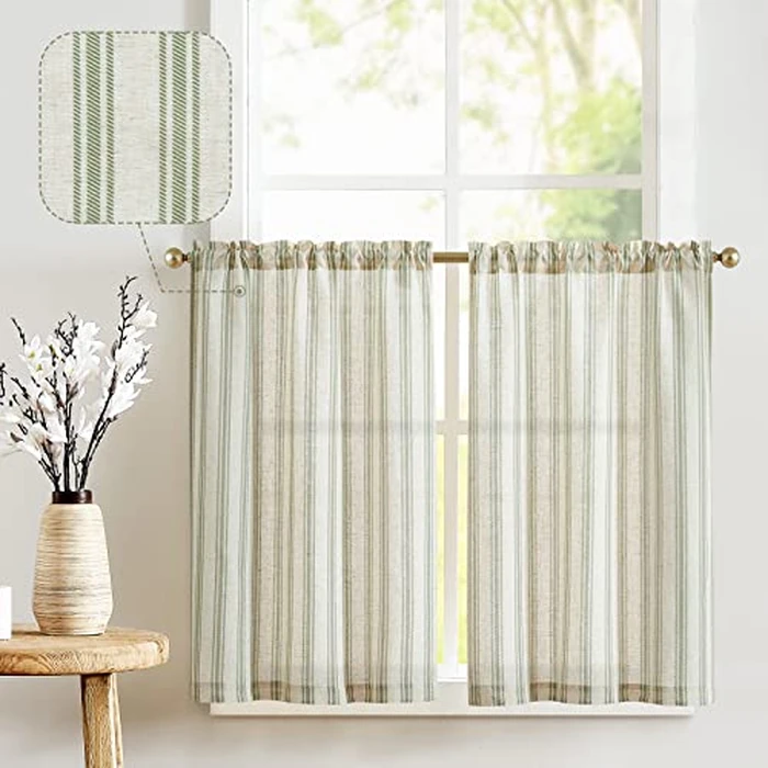 jinchan Linen Kitchen Curtains Striped Tier Curtains 36 Inch Cafe Farmhouse Balanced Stripe Half Window Light Filtering for Bathroom Laundry 2 Panels Green on Linen by jinchan - Image 1