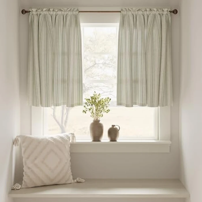 jinchan Linen Kitchen Curtains Striped Tier Curtains 36 Inch Cafe Farmhouse Balanced Stripe Half Window Light Filtering for Bathroom Laundry 2 Panels Green on Linen by jinchan - Image 3