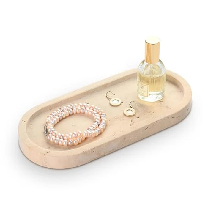 HAMAKAWA Bathroom Vanity Tray, Natural Marble Oval Sink Tray 10 inch / 25cm, Beige Travertine Vanity Tray for Soap Dispenser Modern Countertop Organizer for Kitchen Countertops, Home Decor by HAMAKAWA - Used - Very Good condition - CA$33.42