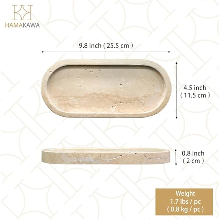 HAMAKAWA Bathroom Vanity Tray, Natural Marble Oval Sink Tray 10 inch / 25cm, Beige Travertine Vanity Tray for Soap Dispenser Modern Countertop Organizer for Kitchen Countertops, Home Decor by HAMAKAWA - Image 3