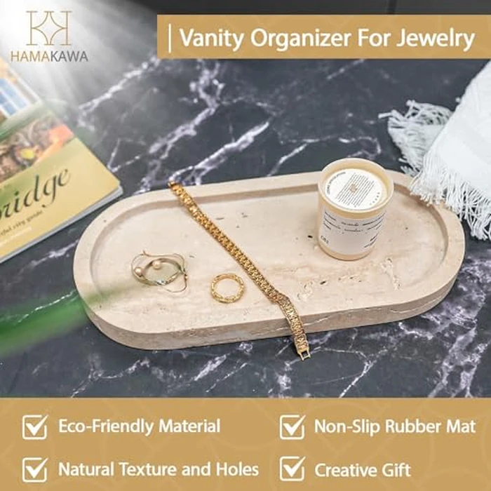 HAMAKAWA Bathroom Vanity Tray, Natural Marble Oval Sink Tray 10 inch / 25cm, Beige Travertine Vanity Tray for Soap Dispenser Modern Countertop Organizer for Kitchen Countertops, Home Decor by HAMAKAWA - Image 4