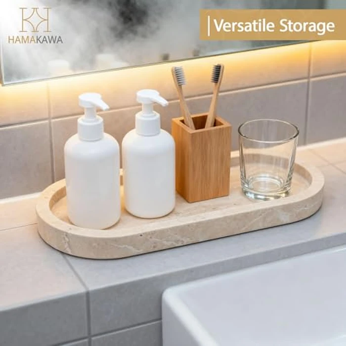 HAMAKAWA Bathroom Vanity Tray, Natural Marble Oval Sink Tray 10 inch / 25cm, Beige Travertine Vanity Tray for Soap Dispenser Modern Countertop Organizer for Kitchen Countertops, Home Decor by HAMAKAWA - Image 6