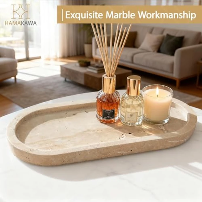 HAMAKAWA Bathroom Vanity Tray, Natural Marble Oval Sink Tray 10 inch / 25cm, Beige Travertine Vanity Tray for Soap Dispenser Modern Countertop Organizer for Kitchen Countertops, Home Decor by HAMAKAWA - Image 8