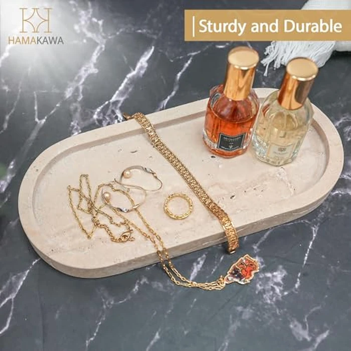 HAMAKAWA Bathroom Vanity Tray, Natural Marble Oval Sink Tray 10 inch / 25cm, Beige Travertine Vanity Tray for Soap Dispenser Modern Countertop Organizer for Kitchen Countertops, Home Decor by HAMAKAWA - Image 9
