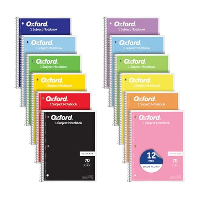 Oxford Spiral Notebooks, 12 Count Bulk Pack, 1 Subject, College Ruled Notebooks for School, 8 x 10.5 Inches, 70 Sheets, Assorted Colors, Back to School Supplies (65205) by Oxford - Used - Like New condition