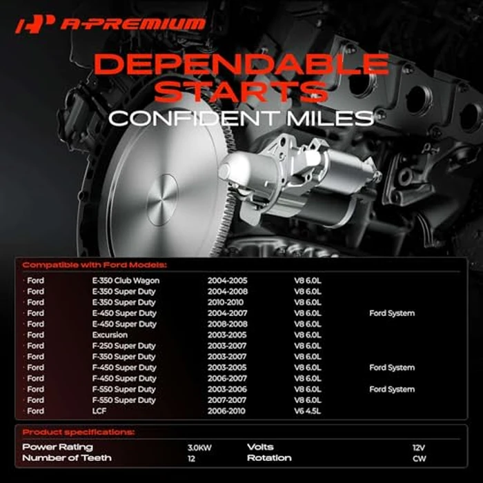 A-Premium Starter Motor Compatible with Ford F-250 Super Duty, F-350 Super Duty, F-450 Super Duty, F-550 Super Duty, E-350 Club Wagon, E-450 Super Duty, Excursion, LCF, 12V 3.0KW 12-Teeth Clockwise by A-Premium - Image 2