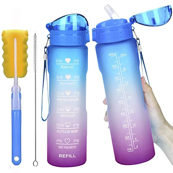 32 oz Leakproof Water Bottle with Time Marker & Straw lid to Ensure You Drink Enough Water Throughout The Day for Fitness and Outdoor Enthusiasts, BPA Free, with Straw Brush (Green Purple) by SYACOT - Used - Like New condition - CA$17.05