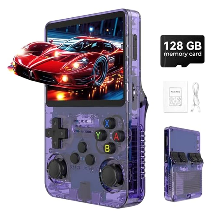 R36s Pro Retro Handheld Game Console, 3.5in IPS , 128GB Preloaded with 40000+Classic Games, Portable Game Console,30 +Game Emulator, Linux System,3500mah Rechargeable Battery (128G Purple) by Mndstek - Used - Like New condition - US$52.26