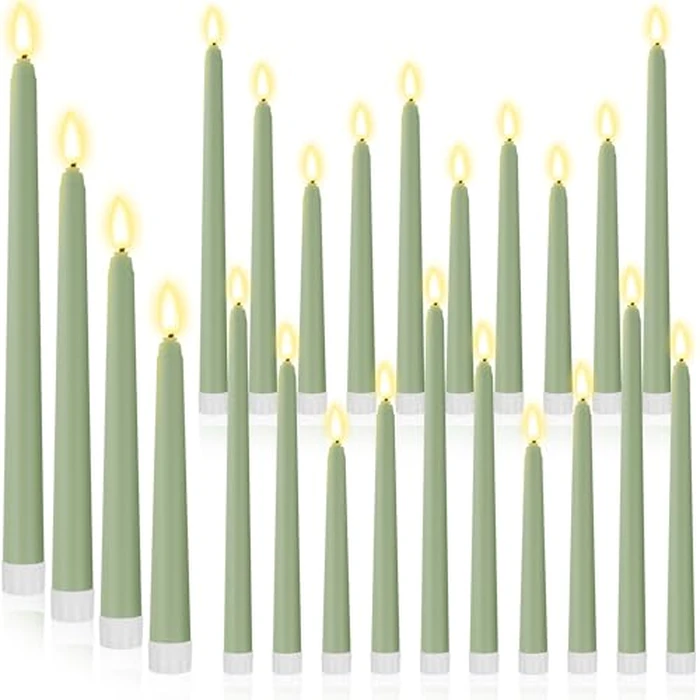 Rossesay 24 Pcs Flameless LED Taper Candles Battery Operated Candle 8.58'', 9.69'', 10.98'', 12.91'', 12.8'' Flameless Candlesticks Flickering for Halloween Christmas Church Wedding(J, Rat Tail Green) by Rossesay - Used - Like New condition - US$37.04