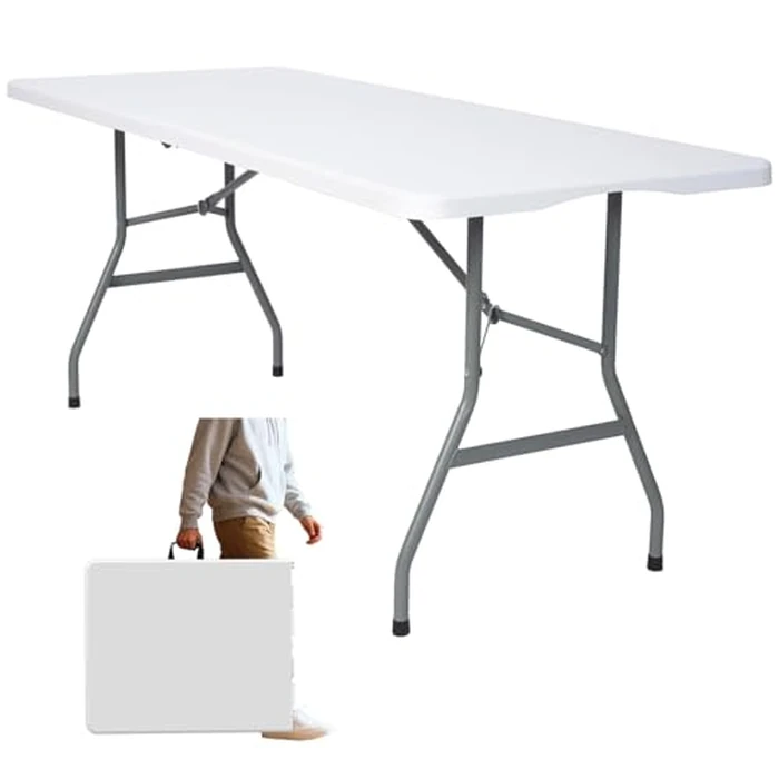 Folding Table 6ft Portable Heavy Duty Plastic Fold-in-Half Utility Foldable Table Plastic Dining Indoor Outdoor for Camping, Picnic and Party, White(27.5" D x70.8" W x29.1" H) by Vampire Killer - Used - Very Good condition - CA$86.31