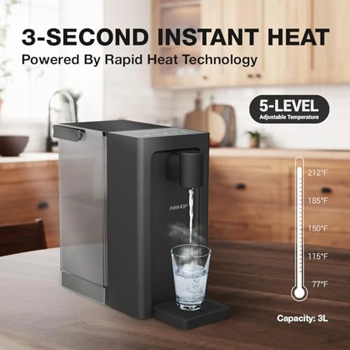 AIRHOP Instant Hot Water Dispenser, Quick Heating Countertop Water Dispenser with Child Locks, Adjustable 5 Temp 3 Water Volume Dispense, 100OZ 3L Removable Tank, Ideal for Home Office Kitchen by AIRHOP - Image 2