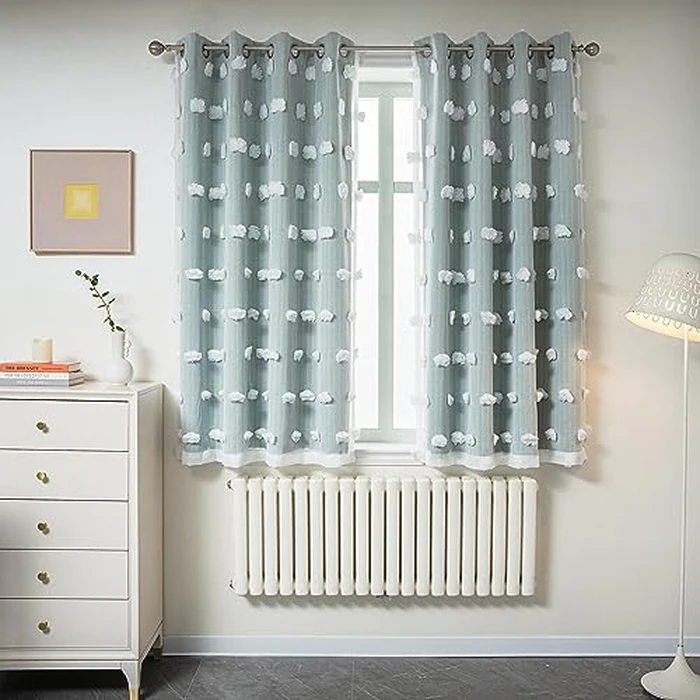 MYSKY HOME Kids Curtains for Boys Bedroom Room Darkening Grommet Double Layer Curtains for Son Room Decor 63 Inches Long White Pom Pom Sheer Blackout Curtains 2 Layers Aqua 52 x 63 Inch 2 Panels by MYSKY HOME - Used - Good condition - CA$39.52