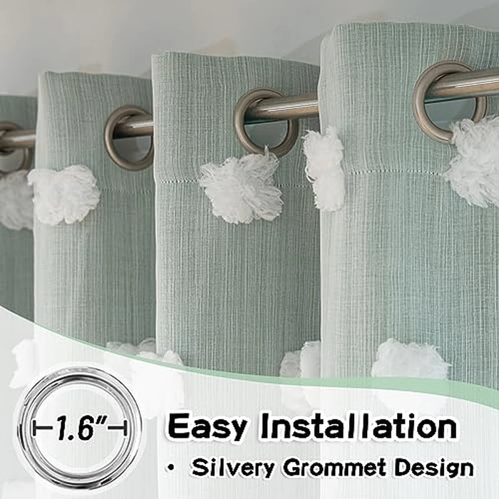 MYSKY HOME Kids Curtains for Boys Bedroom Room Darkening Grommet Double Layer Curtains for Son Room Decor 63 Inches Long White Pom Pom Sheer Blackout Curtains 2 Layers Aqua 52 x 63 Inch 2 Panels by MYSKY HOME - Image 2