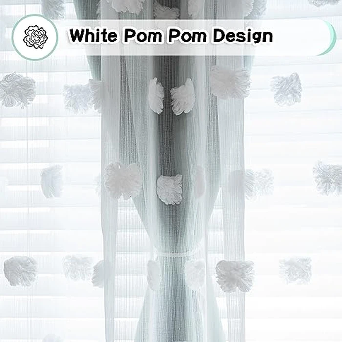 MYSKY HOME Kids Curtains for Boys Bedroom Room Darkening Grommet Double Layer Curtains for Son Room Decor 63 Inches Long White Pom Pom Sheer Blackout Curtains 2 Layers Aqua 52 x 63 Inch 2 Panels by MYSKY HOME - Image 4