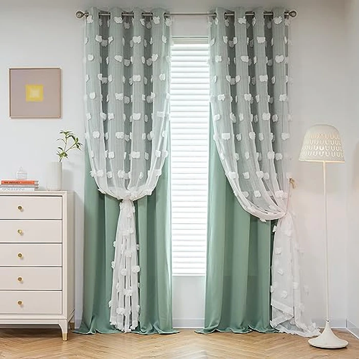 MYSKY HOME Kids Curtains for Boys Bedroom Room Darkening Grommet Double Layer Curtains for Son Room Decor 63 Inches Long White Pom Pom Sheer Blackout Curtains 2 Layers Aqua 52 x 63 Inch 2 Panels by MYSKY HOME - Image 7