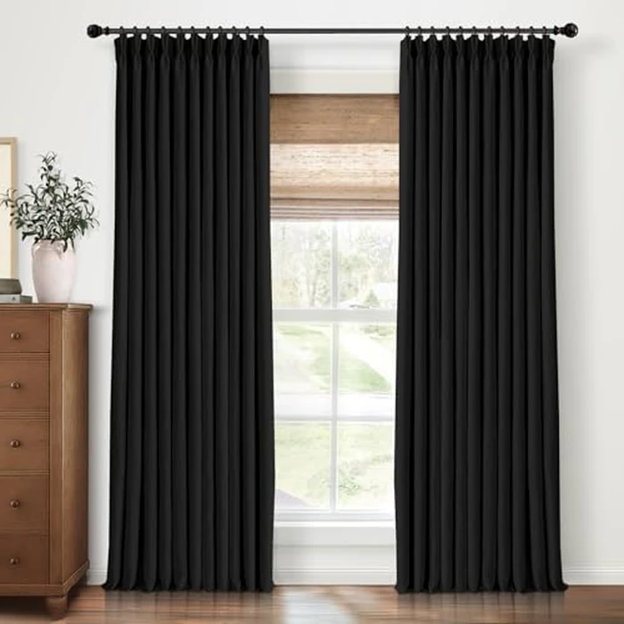 CAPALOCA Pinch Pleated Curtains Blackout, Linen Blackout Curtains 120 inches Long 2 Panels Set for Bedroom, Thermal Insulated Pinch Pleated Drapes for Living Room, 40" W x 120" L (Pack of 2), Black by CAPALOCA - Used - Very Good condition - US$29.36